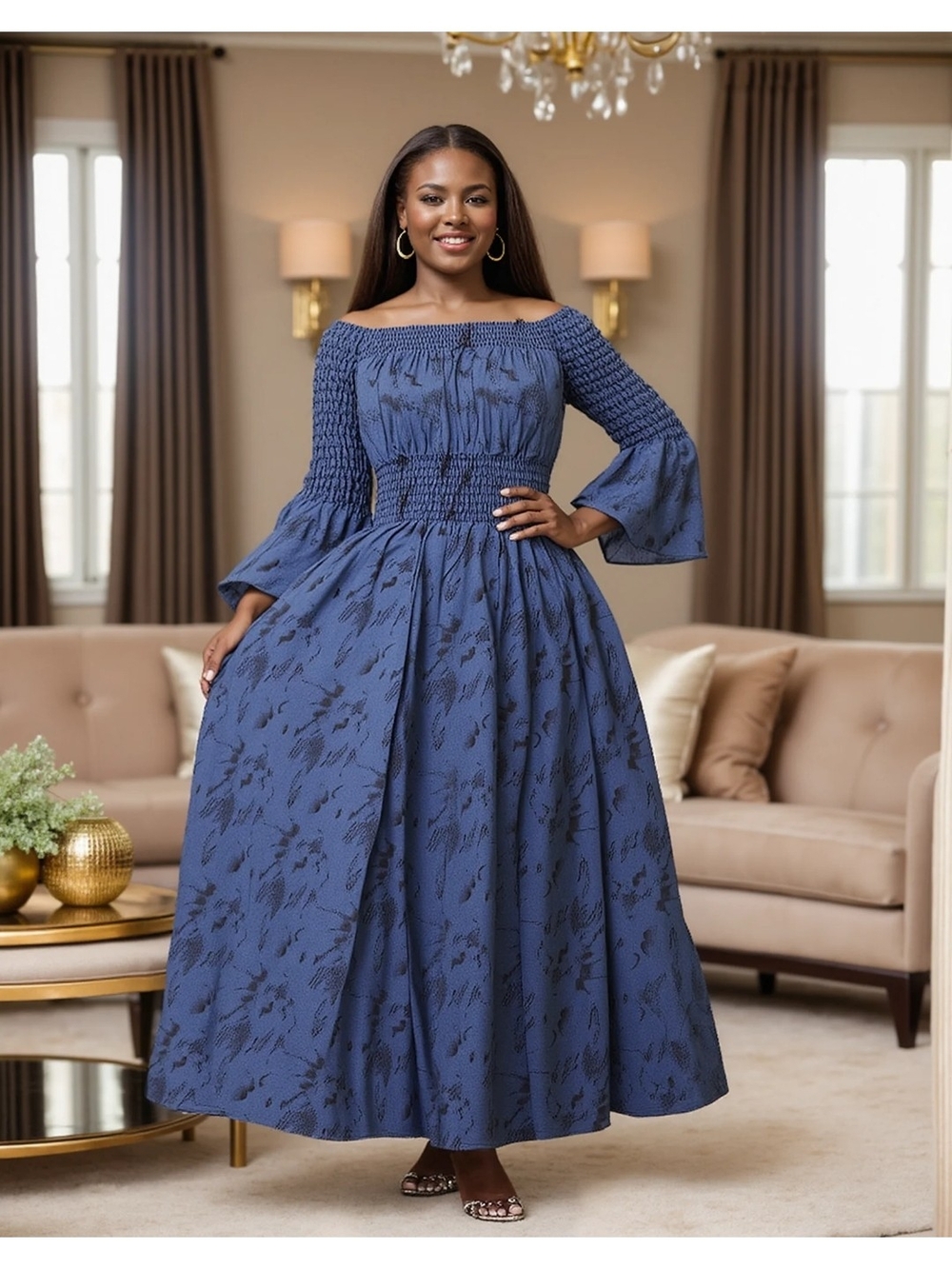 Women’s Off-Shoulder Smocked Waist Blue Maxi Dress